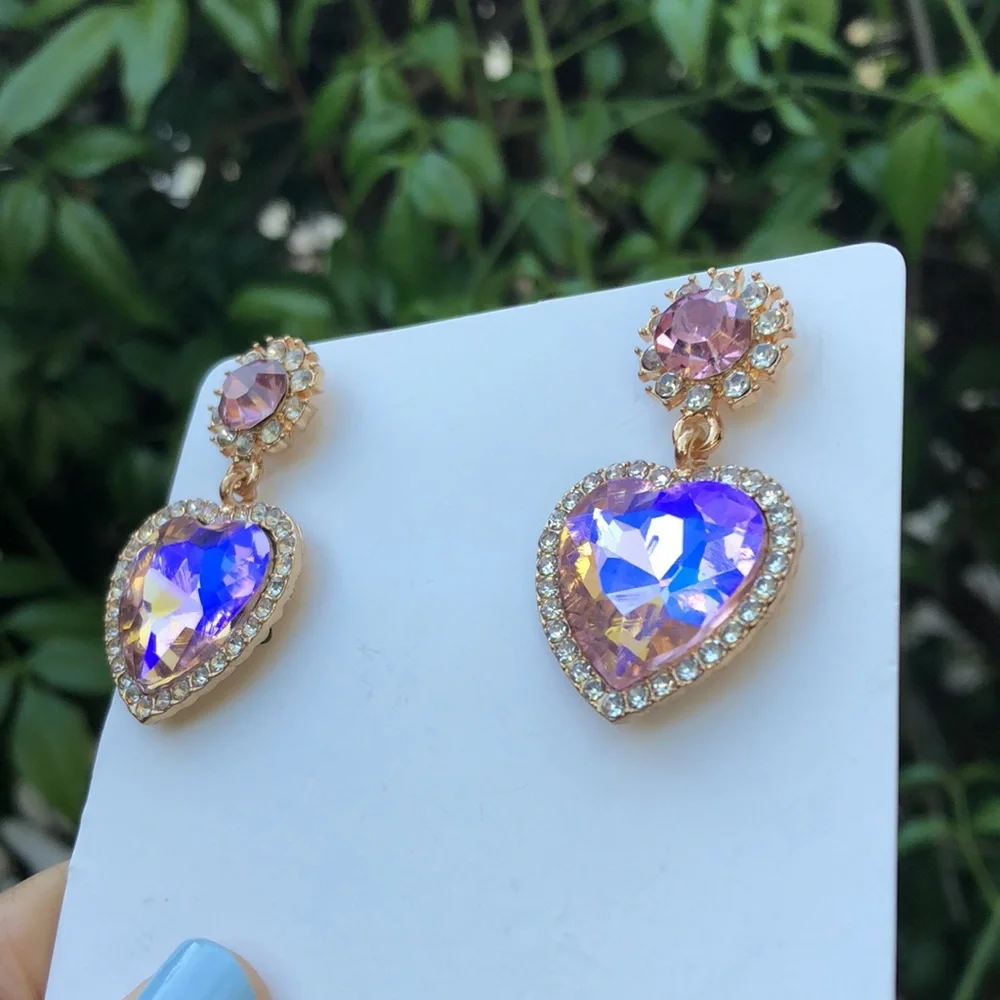 Pink + Purple Crystal Heart Halo Drop Earrings